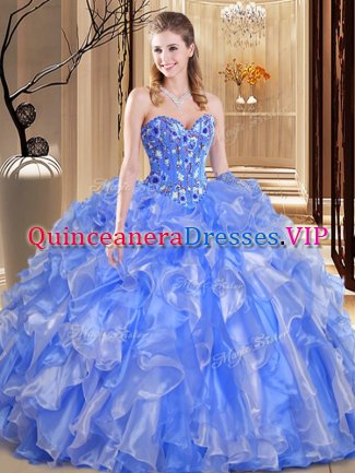 Fancy Floor Length Blue Quinceanera Gowns Organza Sleeveless Beading and Embroidery and Ruffles