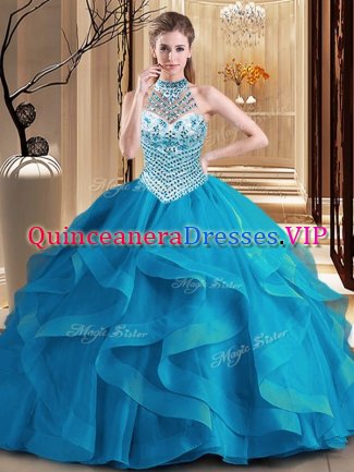 Best Blue Halter Top Neckline Beading and Ruffles Ball Gown Prom Dress Sleeveless Lace Up