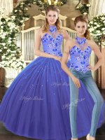 Stylish Floor Length Lace Up 15th Birthday Dress Blue for Sweet 16 and Quinceanera with Embroidery