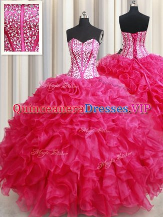 Organza Sweetheart Sleeveless Lace Up Beading and Ruffles 15th Birthday Dress in Hot Pink