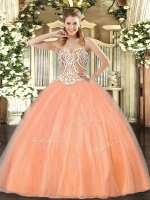 Luxurious Peach Sweet 16 Dress Military Ball and Sweet 16 and Quinceanera with Beading Sweetheart Sleeveless Lace Up(SKU SJQDDT971002-3BIZ)