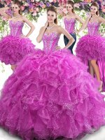 Free and Easy Four Piece Sleeveless Tulle Floor Length Lace Up 15 Quinceanera Dress in Fuchsia with Beading and Ruffles