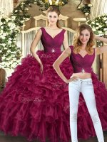 Floor Length Burgundy Ball Gown Prom Dress V-neck Sleeveless Backless(SKU SJQDDT1811009BIZ)