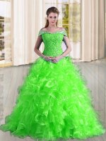 Super Organza Off The Shoulder Sleeveless Sweep Train Lace Up Beading and Lace and Ruffles 15th Birthday Dress in