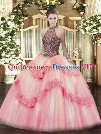 High Quality Sleeveless Tulle Floor Length Lace Up 15th Birthday Dress in Pink with Beading and Appliques