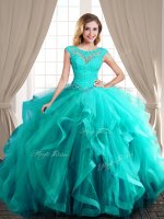 Scoop Turquoise Ball Gowns Beading and Appliques and Ruffles Sweet 16 Dress Lace Up Tulle Cap Sleeves With Train