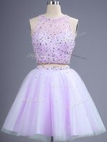 Lavender Sleeveless Knee Length Beading Lace Up Damas Dress