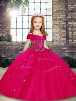 Sweet Fuchsia Lace Up Child Pageant Dress Beading Sleeveless Floor Length