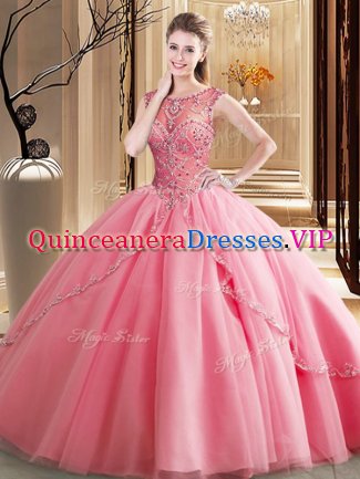 Scoop Watermelon Red Lace Up 15th Birthday Dress Beading Sleeveless Brush Train