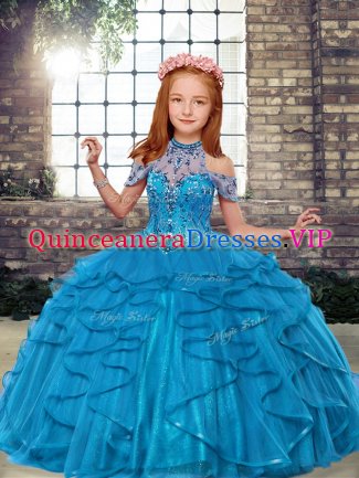 Sleeveless Lace Up Floor Length Beading and Ruffles Little Girls Pageant Dress