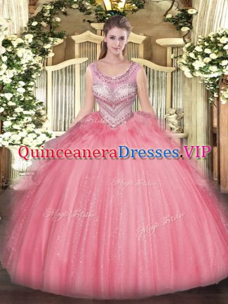 Sleeveless Tulle Floor Length Lace Up Quinceanera Gown in Watermelon Red with Beading and Ruffles