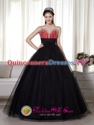 Fashionable Tull Black and Red Princess Beaded Sweetheart South Haven Michigan/MI Quinceanera Dress