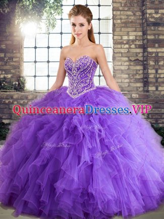 Lavender Sleeveless Floor Length Beading and Ruffles Lace Up Ball Gown Prom Dress