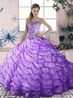 Trendy Organza Sweetheart Sleeveless Lace Up Beading and Ruffled Layers Quinceanera Dress in Lavender