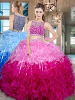 Fine Beading and Ruffles 15th Birthday Dress Multi-color Side Zipper Sleeveless Floor Length