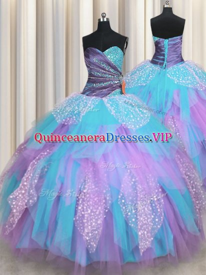 Dramatic Multi-color Ball Gowns Tulle Sweetheart Sleeveless Beading and Ruching Floor Length Lace Up Quince Ball Gowns - Click Image to Close