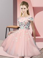 Customized Pink Tulle Lace Up Off The Shoulder Short Sleeves Knee Length Quinceanera Court of Honor Dress Appliques