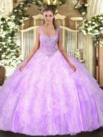 Tulle Straps Sleeveless Lace Up Beading and Ruffles Sweet 16 Dress in Lilac