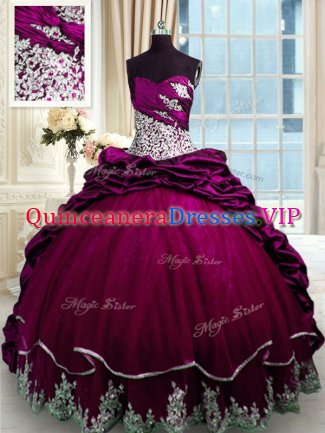 Amazing Fuchsia Ball Gowns Taffeta Sweetheart Sleeveless Beading and Appliques and Pick Ups Lace Up 15th Birthday Dress Brush Train