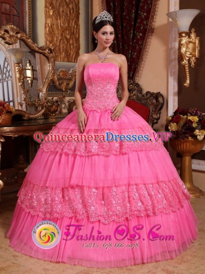 College Park Maryland/MD Stylish Rose Pink Ruffles Layered Sweet 16 Ball Gown Dresse With Strapless Organza Lace Appliques - Click Image to Close