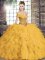 Custom Design Off The Shoulder Sleeveless Lace Up Quinceanera Dresses Gold Tulle