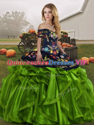 Noble Off The Shoulder Sleeveless Organza 15th Birthday Dress Embroidery and Ruffles Lace Up