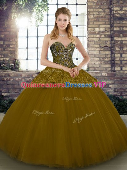 Tulle Sweetheart Sleeveless Lace Up Beading and Appliques Ball Gown Prom Dress in Brown - Click Image to Close