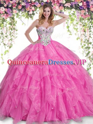 Ball Gowns Quinceanera Gowns Hot Pink Sweetheart Organza Sleeveless Floor Length Lace Up