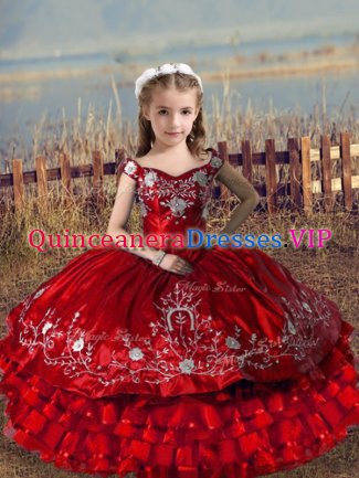 High Class Red Satin and Organza Lace Up Off The Shoulder Sleeveless Floor Length Pageant Dresses Embroidery and Ruffled Layers