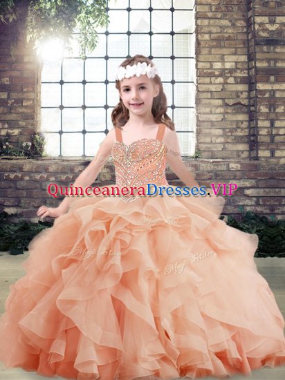 Peach Tulle Side Zipper Little Girl Pageant Gowns Sleeveless Floor Length Beading and Ruffles - Click Image to Close