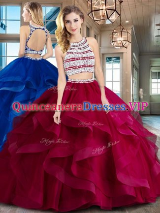 Brush Train Two Pieces 15 Quinceanera Dress Wine Red Scoop Tulle Sleeveless With Train Backless