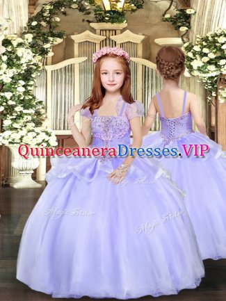 Graceful Lavender Straps Lace Up Beading Glitz Pageant Dress Sleeveless