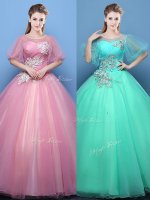 Best Scoop Floor Length Pink and Turquoise 15th Birthday Dress Tulle Half Sleeves Appliques