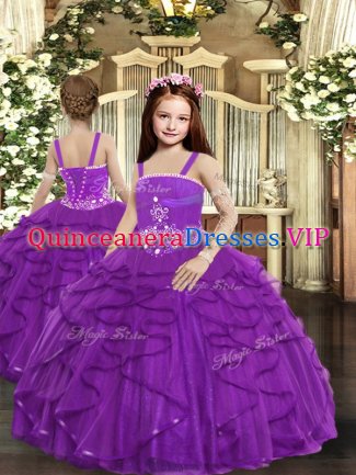 Purple Tulle Lace Up Straps Sleeveless Floor Length Pageant Dress Ruffles