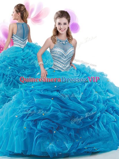 Sleeveless Ruffles Zipper Sweet 16 Dresses with Baby Blue Court Train - Click Image to Close