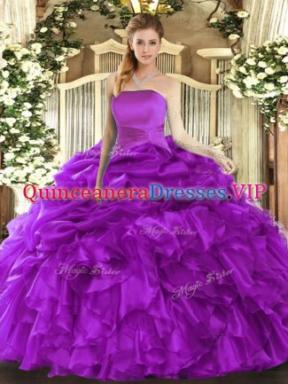 Purple 15th Birthday Dress Military Ball and Sweet 16 and Quinceanera with Ruffles and Pick Ups Strapless Sleeveless Lace Up