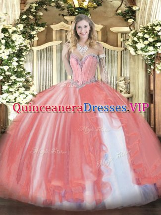 Great Floor Length Coral Red Vestidos de Quinceanera Sweetheart Sleeveless Lace Up