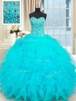 Colorful Organza Strapless Sleeveless Lace Up Beading and Ruffles 15 Quinceanera Dress in Baby Blue