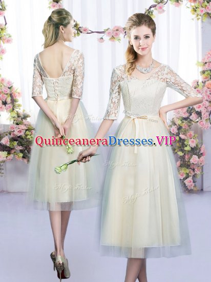 Champagne Quinceanera Court Dresses Wedding Party with Lace and Bowknot V-neck Half Sleeves Lace Up - Click Image to Close