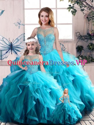 Perfect Aqua Blue Ball Gowns Beading and Ruffles Ball Gown Prom Dress Lace Up Tulle Sleeveless Floor Length