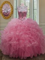 Best Selling Rose Pink Ball Gowns Scoop Sleeveless Organza Floor Length Lace Up Beading and Ruffles Quinceanera Dress