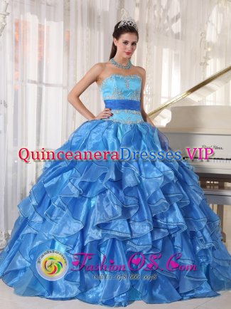 Ingelheim Romantic Blue Organza Quinceanera Dress With Strapless Appliques and Paillette Tiered Skirt