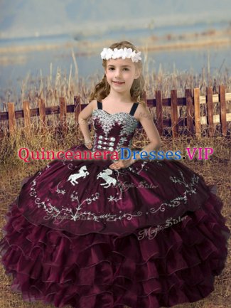 Dramatic Burgundy Sleeveless Organza Lace Up Kids Pageant Dress for Wedding Party