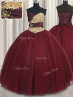 Dazzling Wine Red Sweetheart Neckline Beading and Appliques Quince Ball Gowns Sleeveless Lace Up