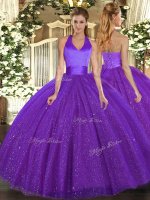 Floor Length Purple Quinceanera Gowns Tulle Sleeveless Sequins