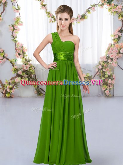 Sophisticated Green Chiffon Lace Up One Shoulder Sleeveless Floor Length Dama Dress Belt - Click Image to Close