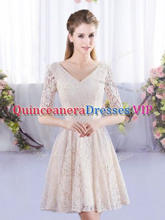 Mini Length Champagne Dama Dress for Quinceanera Half Sleeves Lace