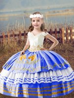 High Class Off The Shoulder Sleeveless Lace Up Little Girls Pageant Dress Blue Satin