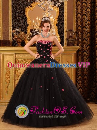 Tiny Flowers Decorate Popular Black Quinceanera Dress For Bluefield West virginia/WV Strapless Tulle Ball Gown