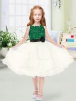 Fantastic Champagne Pageant Dresses Wedding Party with Sequins and Hand Made Flower Scoop Sleeveless Zipper